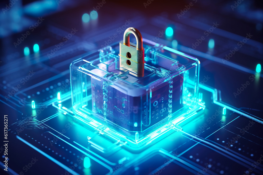 Poster a padlock sitting on top of a circuit board. generative ai. cyber cecurity concept image.