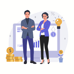 Business consulting or business coaching concept. Consultants man and woman on the background of growth charts indicators. Vector illustration.