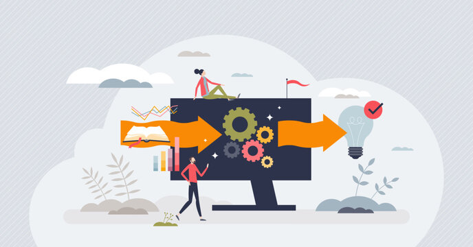 Machine learning and AI with artificial intelligence tiny person concept. Deep knowledge and big data research for development and automatic optimization vector illustration. Smart digital process.