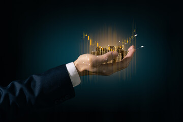 investment and finance concept, businessman holding virtual trading graph and blurred light on hand, stock market, profits and business growth. - obrazy, fototapety, plakaty