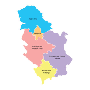 Serbia map background with regions, region names and cities in color. Serbia map isolated on white background. Vector illustration