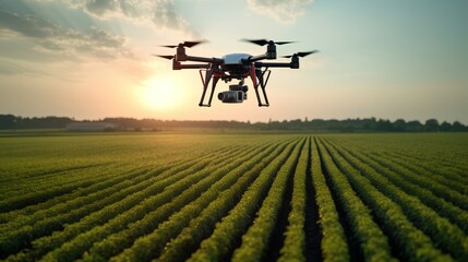 Agricultural drone in action, flying above a field. Precision farming by monitoring crop health, improving water efficiency and reducing chemical usage. Sustainable agriculture. Generative AI - obrazy, fototapety, plakaty