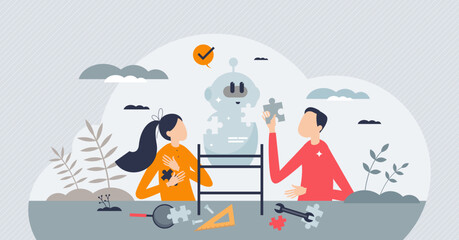 Youth in tech and teenagers work with robots coding tiny person concept. Programming artificial intelligence device with software and electronic engineering for student project vector illustration.