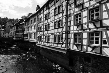 Monschau panorama with Rur river. The historic town center has many preserved half-timbered houses....