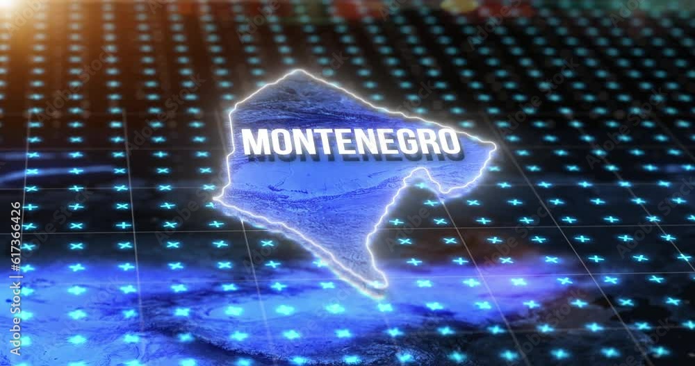 Poster dark digital map, location of montenegro and hologram on blue light hud, pin or 3d rendering. techno