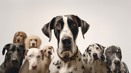 Great Dane taking a selfie with other dogs on an isolated background. ,generative AI