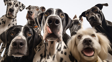 Great Dane taking a selfie with other dogs on an isolated background. ,generative AI