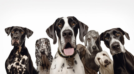 Great Dane taking a selfie with other dogs on an isolated background. ,generative AI