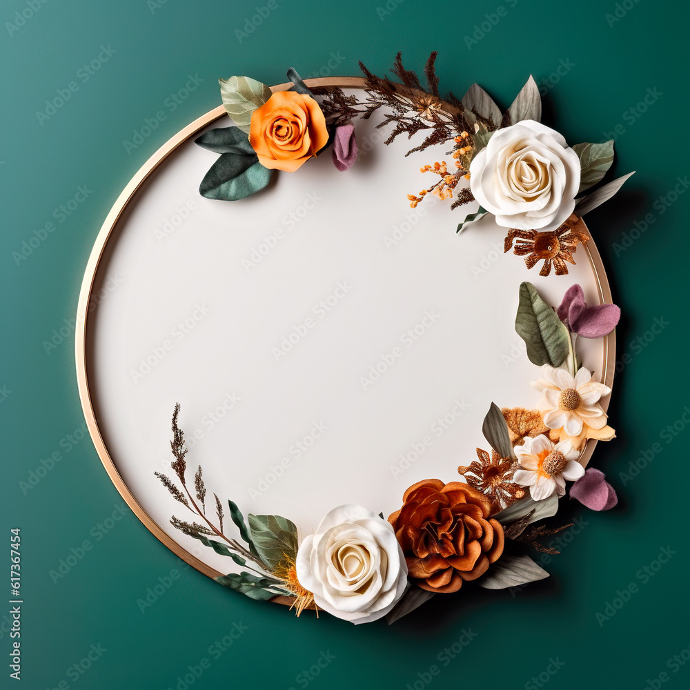 Poster a round frame with flowers and leaves on a green background. generative ai. copy-space, place for te