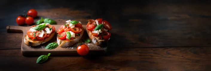Foto op Plexiglas A Taste of Italy: Homemade Bruschetta with Tomato and Buffalo Cheese, a Traditional and Delicious Mediterranean Appetizer  © Mr. Bolota
