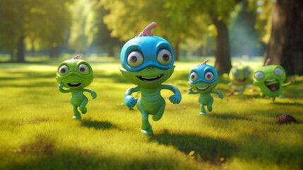 Cute funny aliens group running and playing on green grass in park. ,generative AI