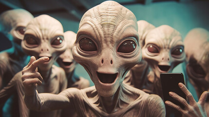 alien taking a selfie with other aliens on an isolated background. ,generative AI