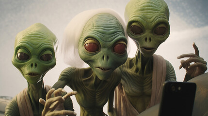 alien taking a selfie with other aliens on an isolated background. ,generative AI