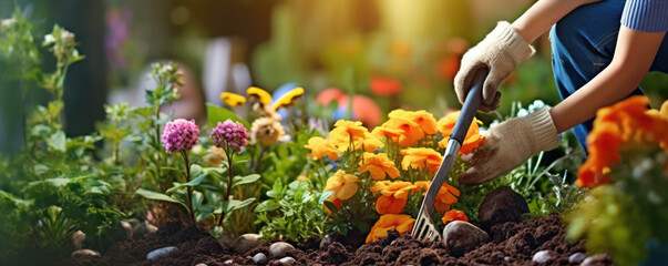 Gardeners hands planting flowers. Wide banner or panorama photo. generative ai - obrazy, fototapety, plakaty