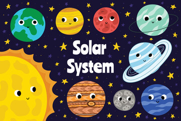 Solar system cute planets set. Space educational poster with Mercury, Venus, Earth, Mars, Sun, etc. Funny planet characters in cartoon style. Vector illustration