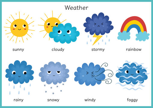 Cute weather character set for kids. Funny sun, clouds, rainbow clipart collection in cartoon style. Vector illustration
