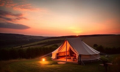 Fototapeta na wymiar Luxury Tent Camping in Nature with Sun and Beautiful Landscape Outdoors