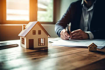 Loan manager sitting at the table. Mortgage, insurance and loan. Buying house, real estate. Generative AI