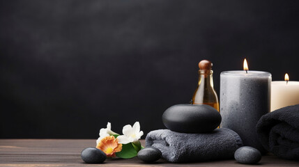 Zen stones. Spa background with spa accessories on a dark background. Free space for your text. AI Generative