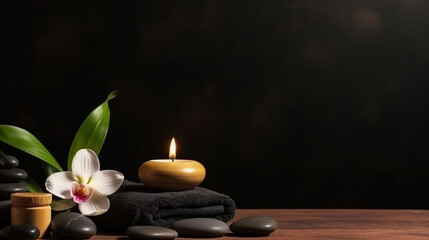 Fototapeta na wymiar Zen stones. Spa background with spa accessories on a dark background. Free space for your text. AI Generative