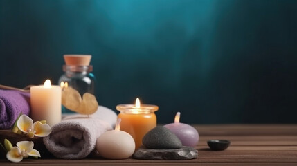 Zen stones. Spa background with spa accessories on a dark background. Free space for your text. AI Generative