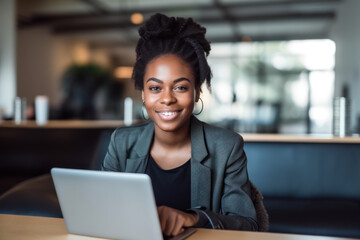 happy young african american young woman sitting in her chair smiling. AI Generative