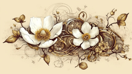 floral, vintage background, flover, products, enginer, generative, ai, steampunk, background, clockwork, brooch, jewelry, wight