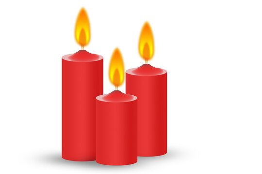 Three red burning candles on white background