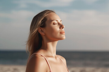 Fototapeta na wymiar Close up of beautiful girl breathing on the beach. AI Generative