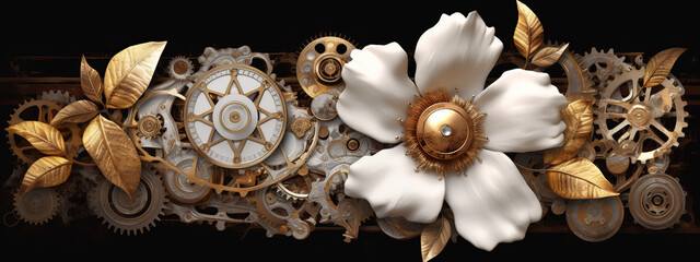 floral, vintage background, flover, products, enginer, generative, ai, steampunk, background, clockwork, brooch, jewelry, wight