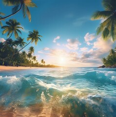 Fototapeta na wymiar beach with palm tree Embrace the Vibrant Splendor of Summer: AI-Generated Visuals that Capture the Essence of the Season