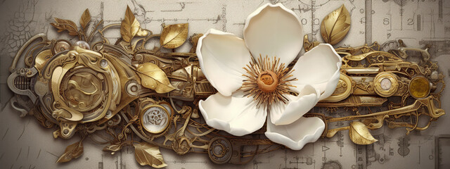 Obraz premium floral, vintage background, flover, products, enginer, generative, ai, steampunk, background, clockwork, brooch, jewelry, wight