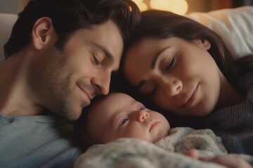Young white couple relaxing at home with their baby. AI Generative
