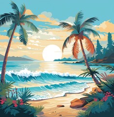 Fototapeta na wymiar beach with palm trees Embrace the Vibrant Splendor of Summer: AI-Generated Visuals that Capture the Essence of the Season