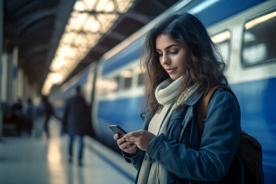 A Young woman standing on the platform of a train station consulting the mobile phone. AI Generative