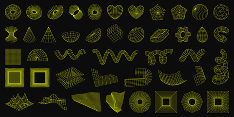 Set of wireframe 3D geometric shapes. Wire frame abstract figures. Torus, spirals, gear, heart, star. Distorted mesh grids. Isolated Graphic design elements. Editable strokes