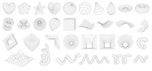 Set of Abstract wireframe 3D geometric shapes. Mesh grids. Cube, drop, spiral, mountain landscape, star, heart, distorted planes, funnel. Graphic design elements isolated on white. Editable strokes.