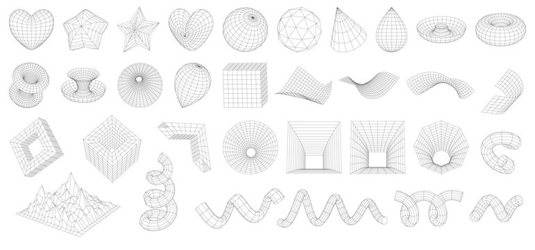 Set of Abstract wireframe 3D geometric shapes. Mesh grids. Cube, drop, spiral, mountain landscape, star, heart, distorted planes, funnel. Graphic design elements isolated on white. Editable strokes.