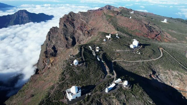 Aerial view of large telescope at summit of mountain - La Palma - Canary Islands