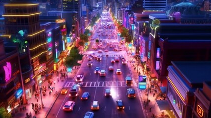 A high-angle view of a vibrant city street colorful lights, Generative AI.