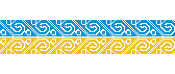 Ukrainian flag pattern. Vector ornament, decorative border, background. Ukrainian flag decoration in yellow and blue colors. Pixel art, vyshyvanka, cross stitch