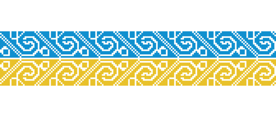 Ukrainian flag pattern. Vector ornament, decorative border, background. Ukrainian flag decoration in yellow and blue colors. Pixel art, vyshyvanka, cross stitch