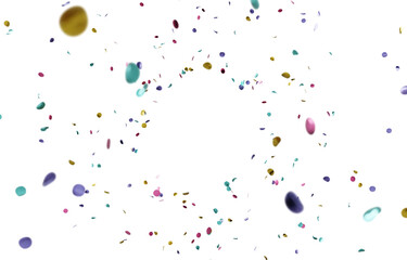 Realistic colorful 3D confetti randomly falling on a transparent background. Graphic resource for party and holiday design