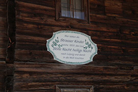 Strasserhausl Museum in Hippach in the Zillertal with a board "the house of the Strasser family, whose children sang the Christmas carol "Silent Night! Holy Night!" carried to Leipzig - Germany.