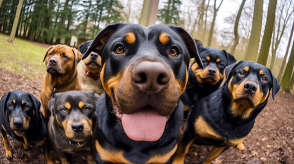 Rottweiler taking a selfie with other dogs on an isolated backgroundRottweiler taking a selfie with other dogs on an isolated background