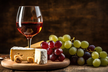 Wine with Cheese snack appetaizer, glass of red wine with grape and different cheeses on rustic background. Generative ai