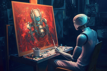 Human-shaped robot sits at an easel in art studio, painting a self portrait on canvas. Concept of computer generated art