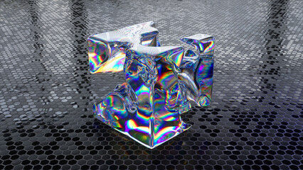 Liquid diamond cube appears and disappears against an abstract background. Rainbow. Matter transformation. Black tiles