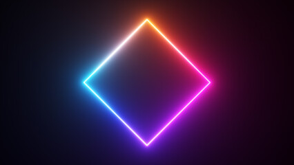 Abstract concept. Neon rhombus on a black background. Blue purple neon color. Advertising. 3d illustration