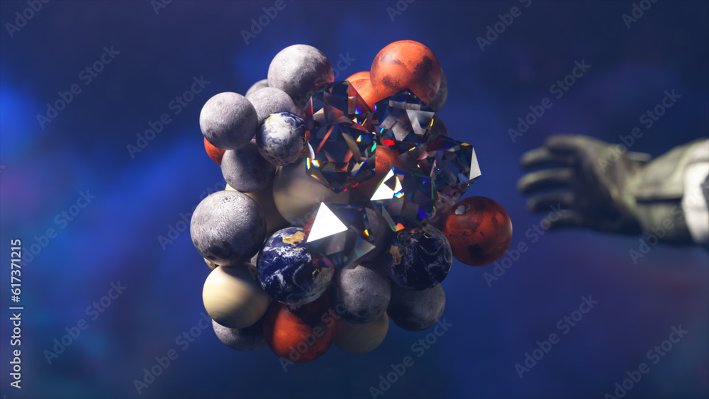 Poster 3d visualization of space objects grouped together under the force of gravity. planets. diamonds. cl